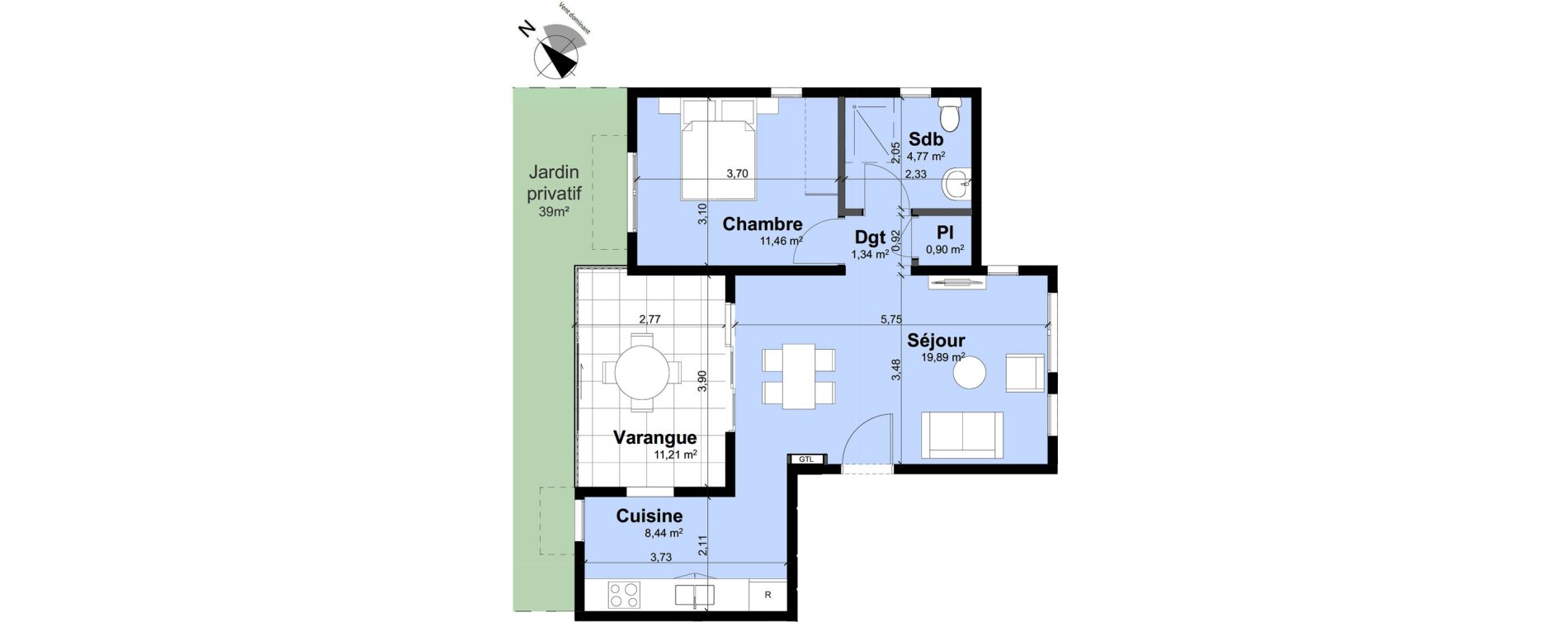 Appartement T2 de 46,80 m2 Remire-Montjoly Centre