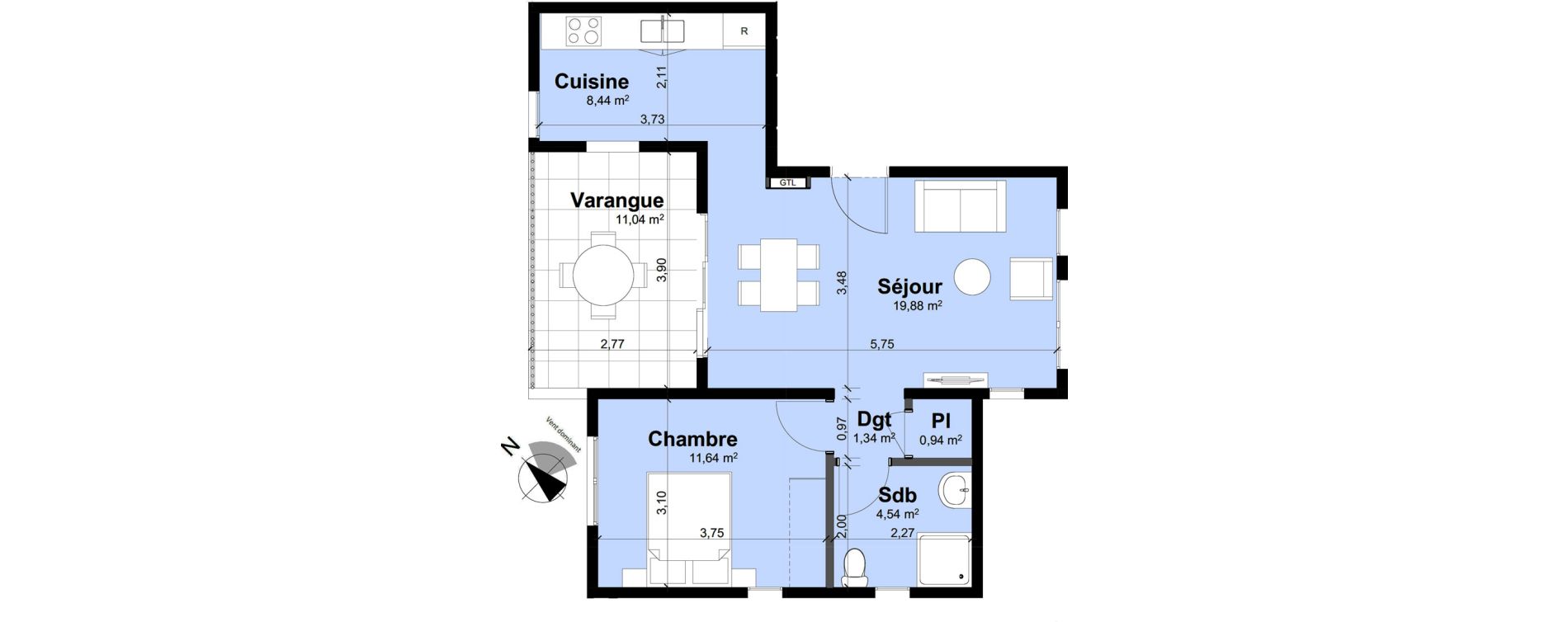 Appartement T2 de 46,78 m2 Remire-Montjoly Centre