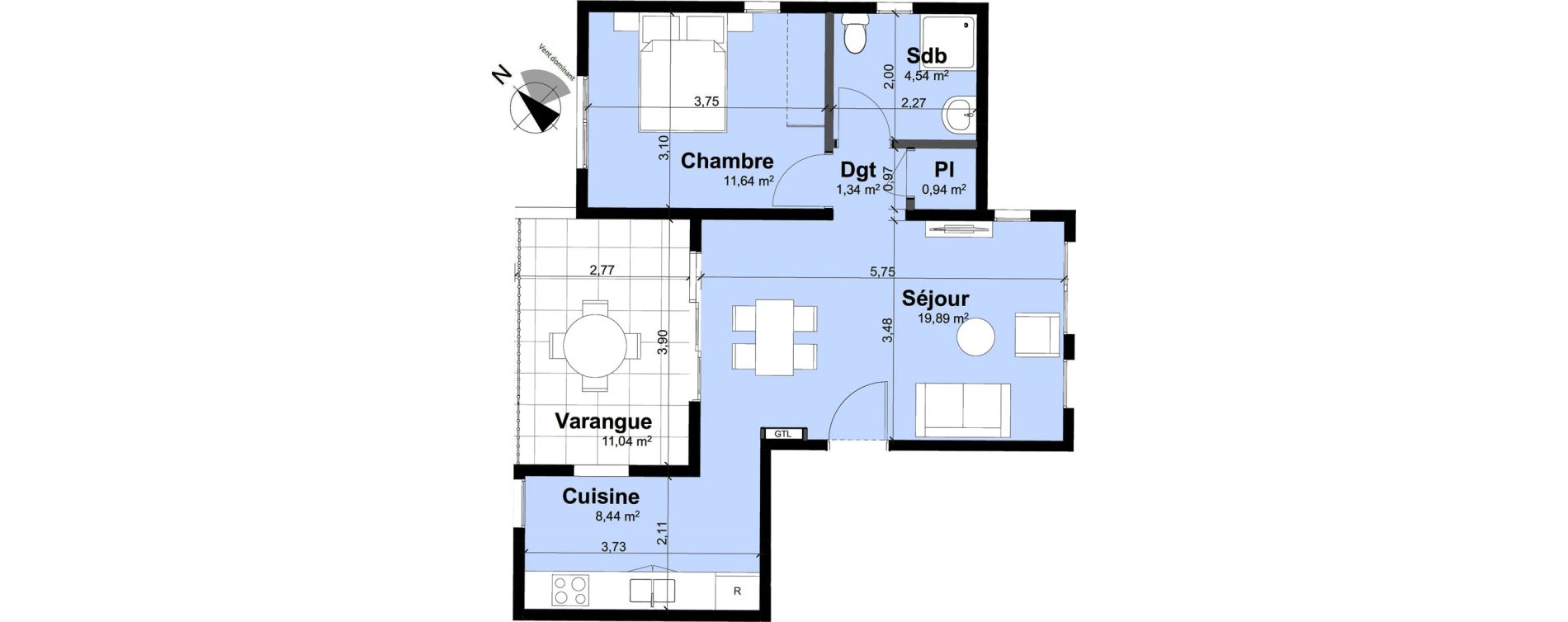 Appartement T2 de 46,79 m2 Remire-Montjoly Centre
