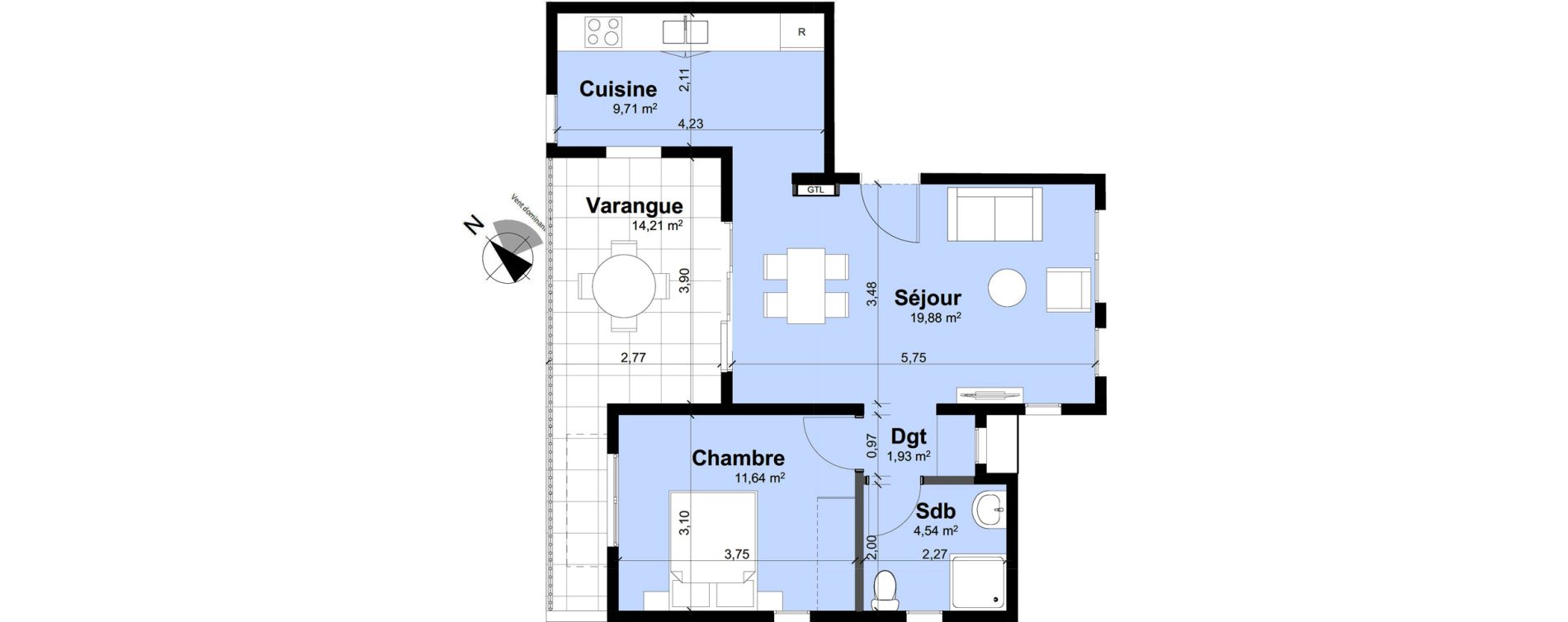 Appartement T2 de 47,70 m2 Remire-Montjoly Centre