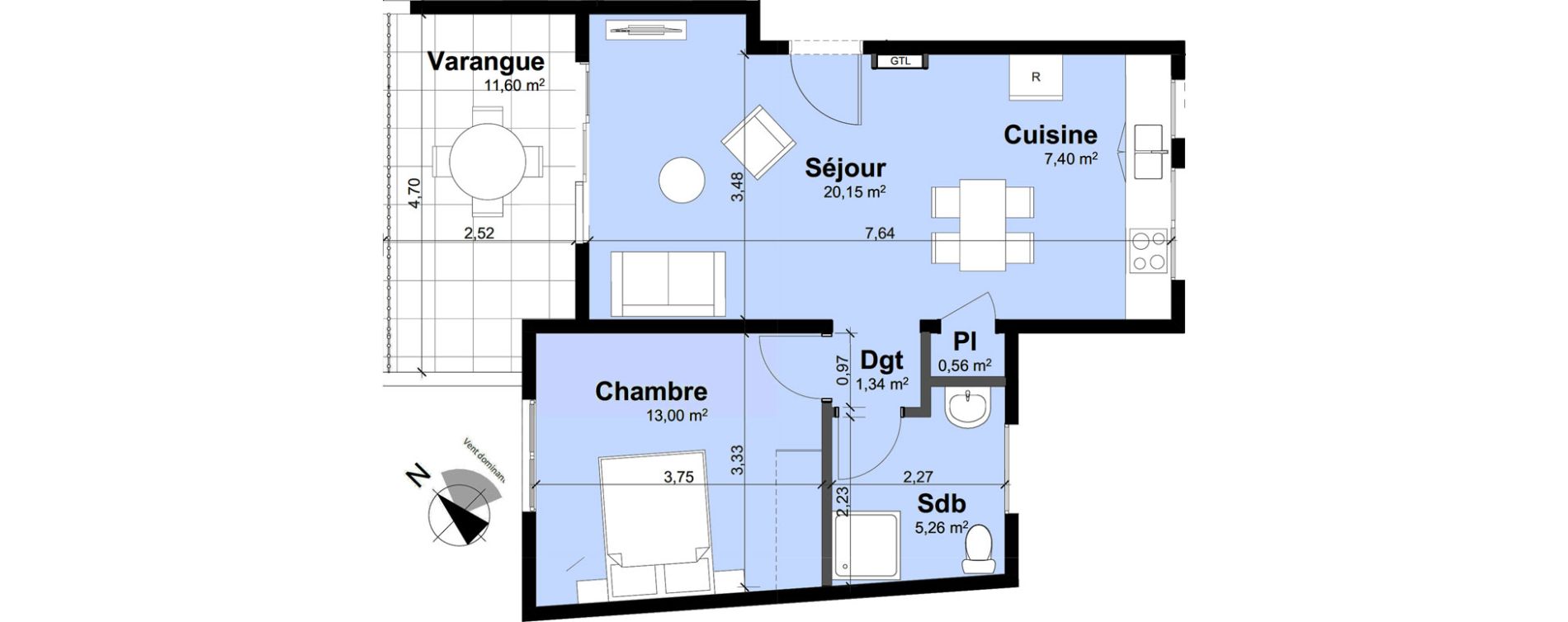 Appartement T2 de 47,71 m2 Remire-Montjoly Centre