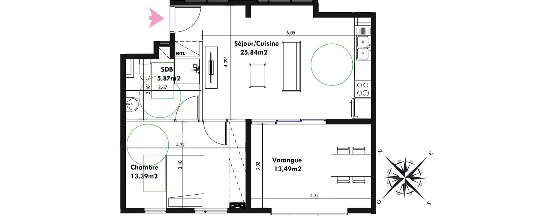 Appartement T2 de 44,99 m2 Remire-Montjoly Centre