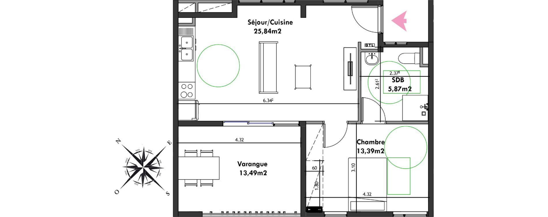 Appartement T2 de 45,10 m2 Remire-Montjoly Centre
