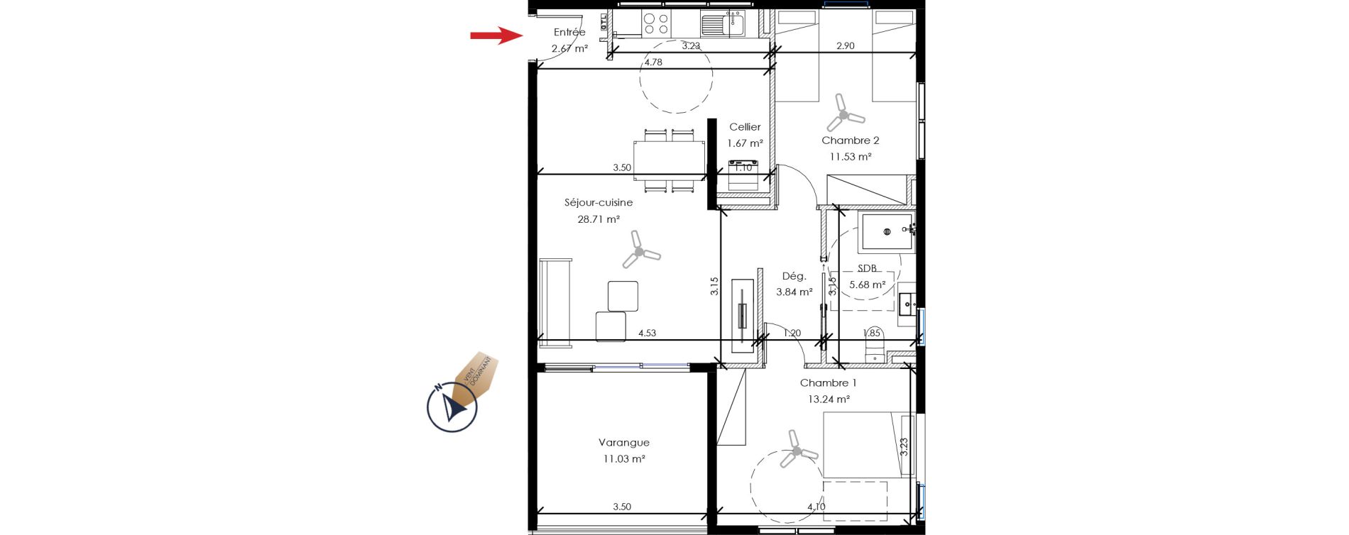 Appartement T3 de 67,34 m2 Remire-Montjoly Centre