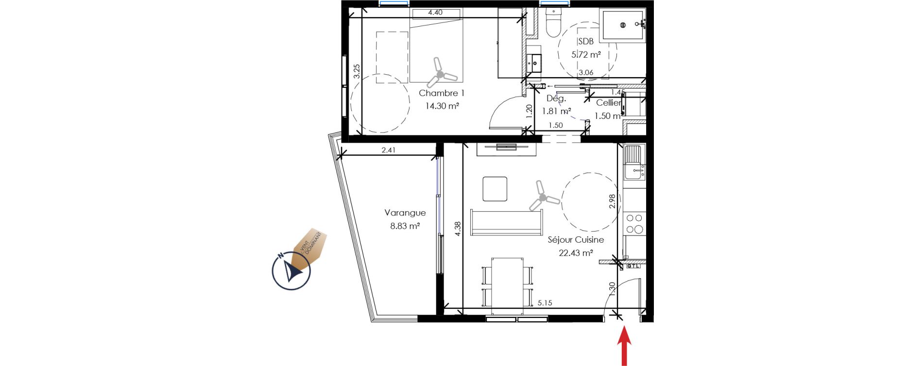 Appartement T2 de 45,76 m2 Remire-Montjoly Centre