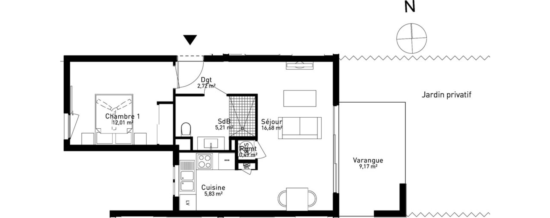 Appartement T2 de 42,94 m2 Sainte-Marie Centre