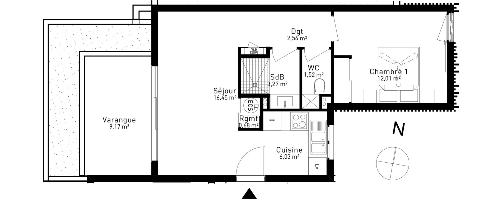 Appartement T2 de 42,52 m2 Sainte-Marie Centre