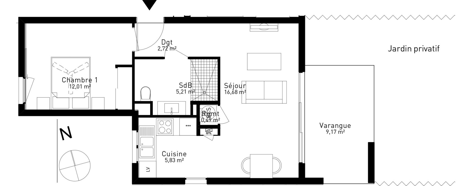 Appartement T2 de 42,94 m2 Sainte-Marie Centre