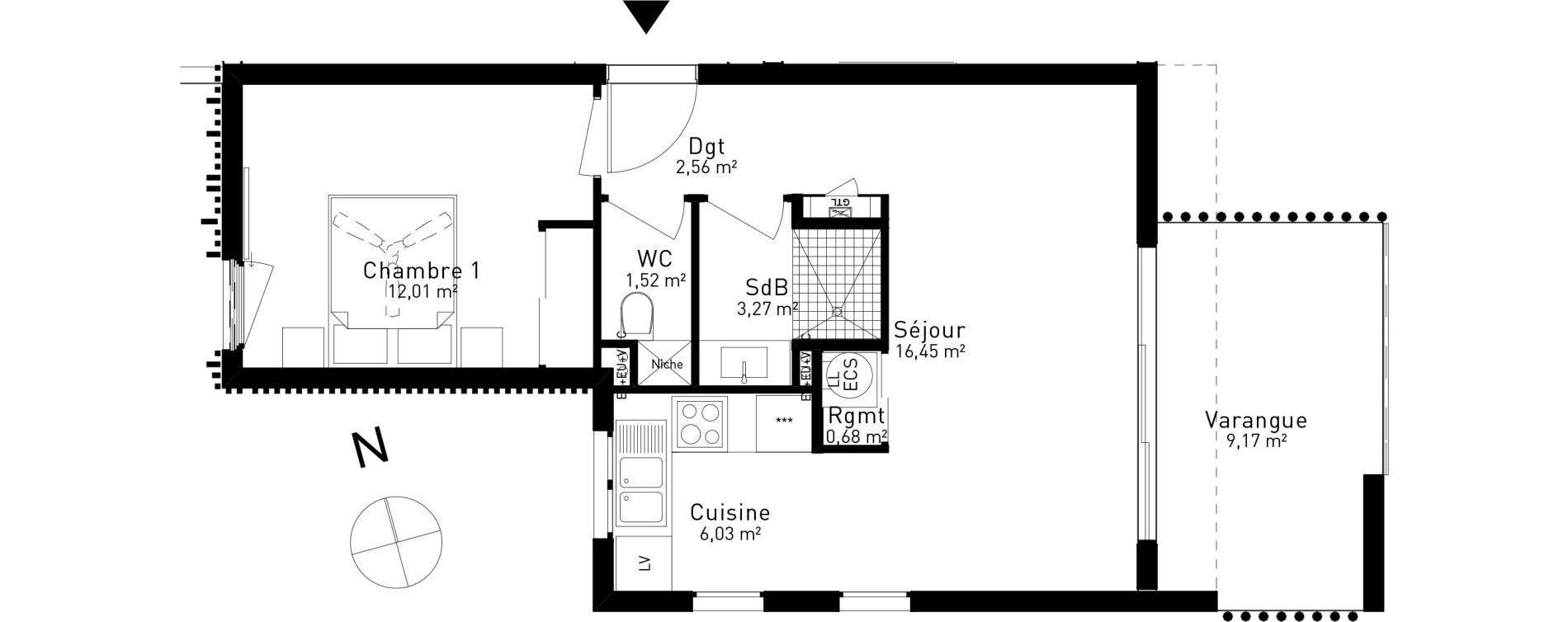Appartement T2 de 42,52 m2 Sainte-Marie Centre