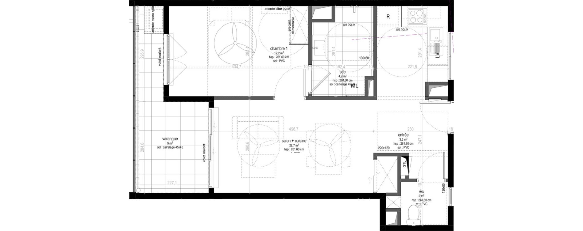 Appartement T2 de 47,80 m2 Sainte-Marie Centre