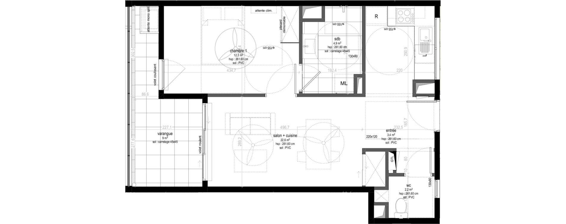 Appartement T2 de 45,40 m2 Sainte-Marie Centre