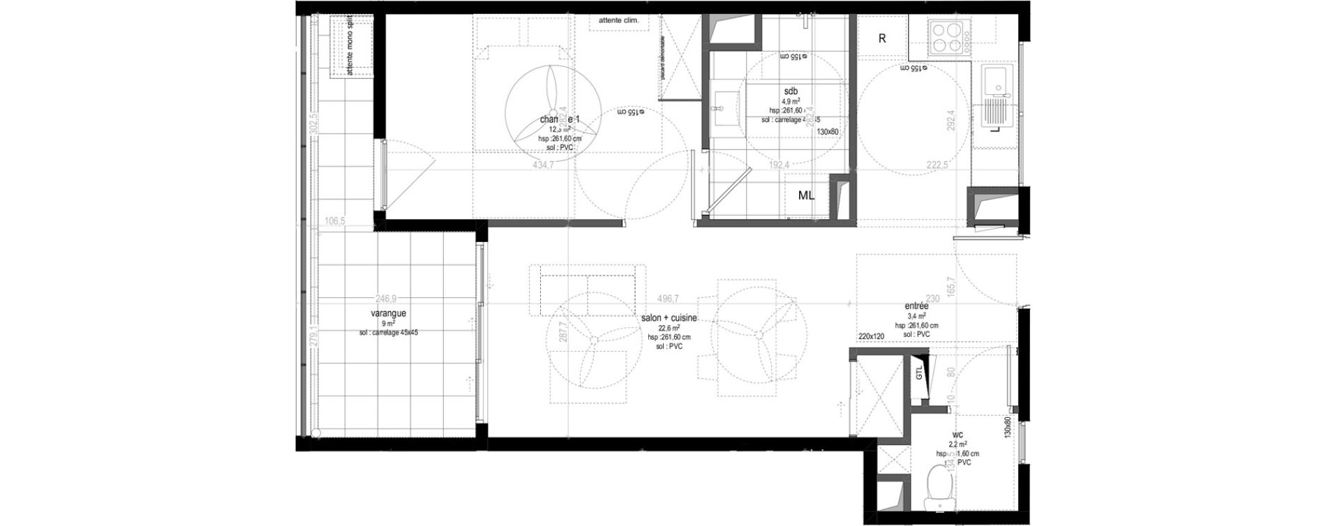 Appartement T2 de 45,40 m2 Sainte-Marie Centre