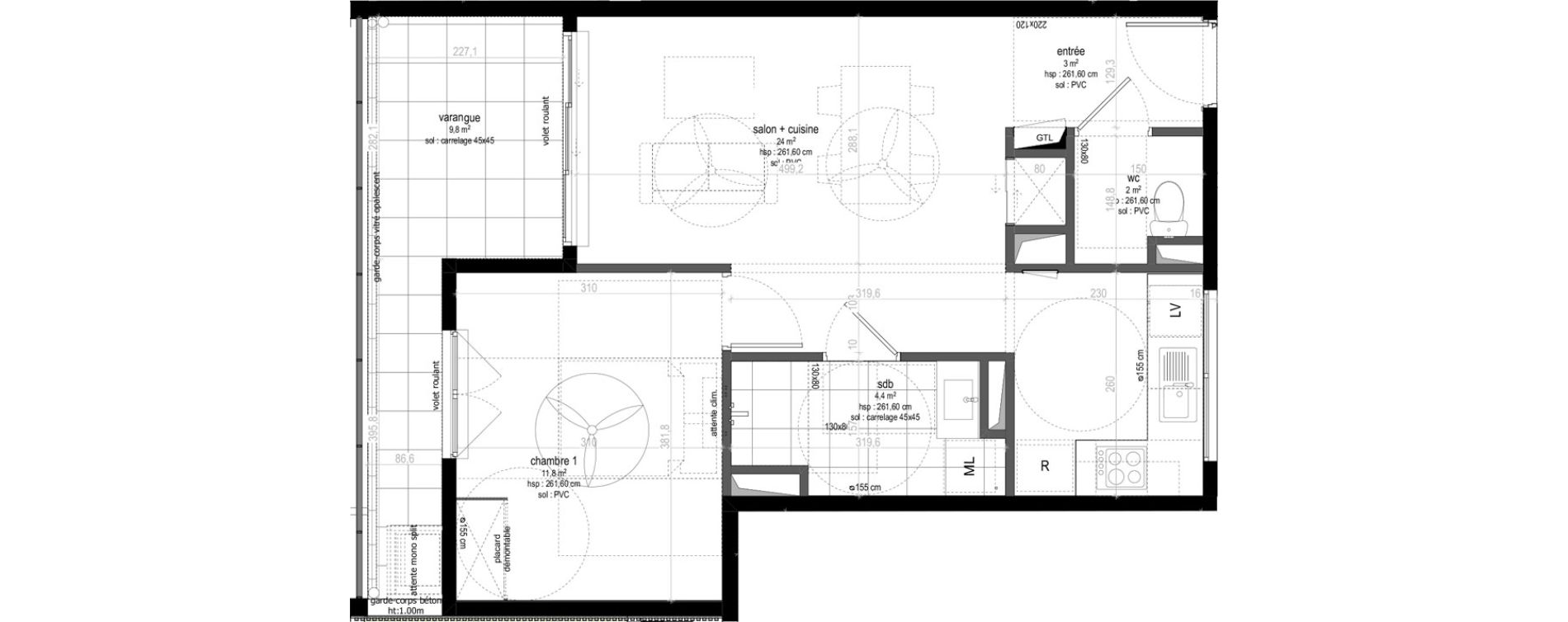 Appartement T2 de 45,20 m2 Sainte-Marie Centre