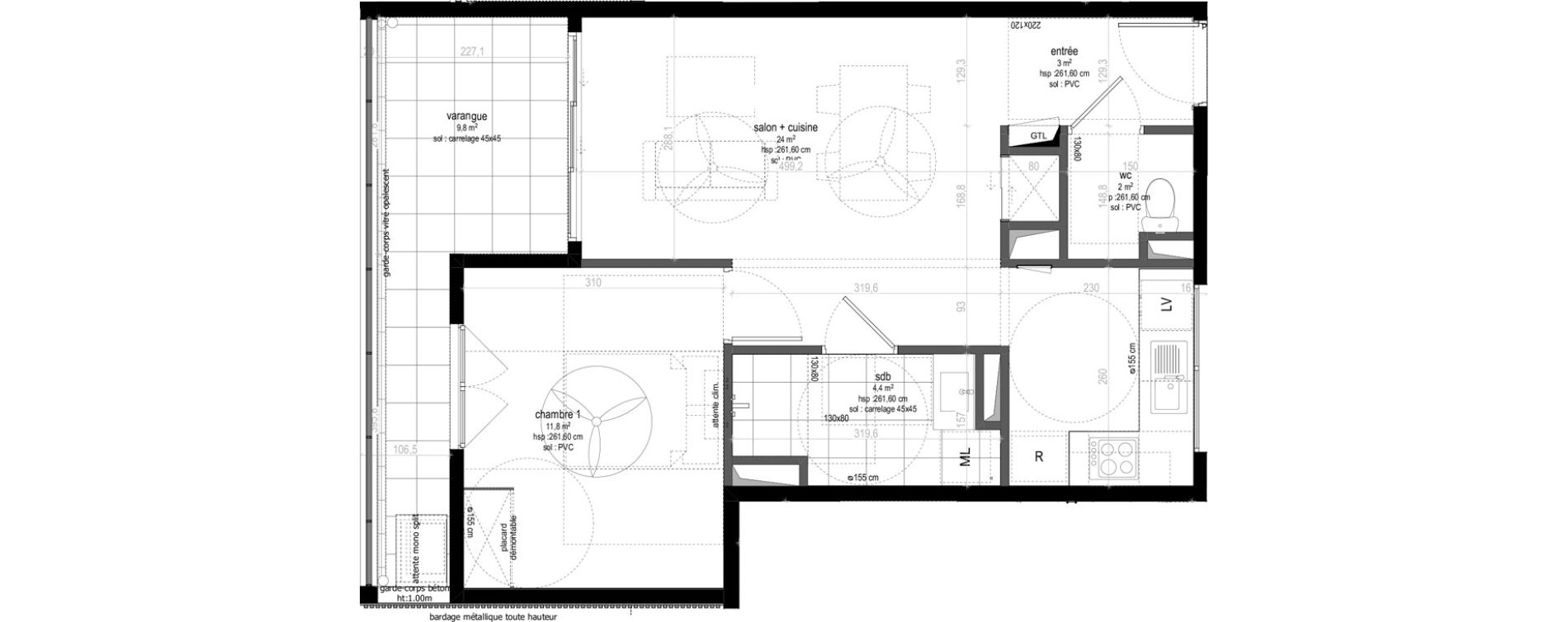 Appartement T2 de 45,20 m2 Sainte-Marie Centre