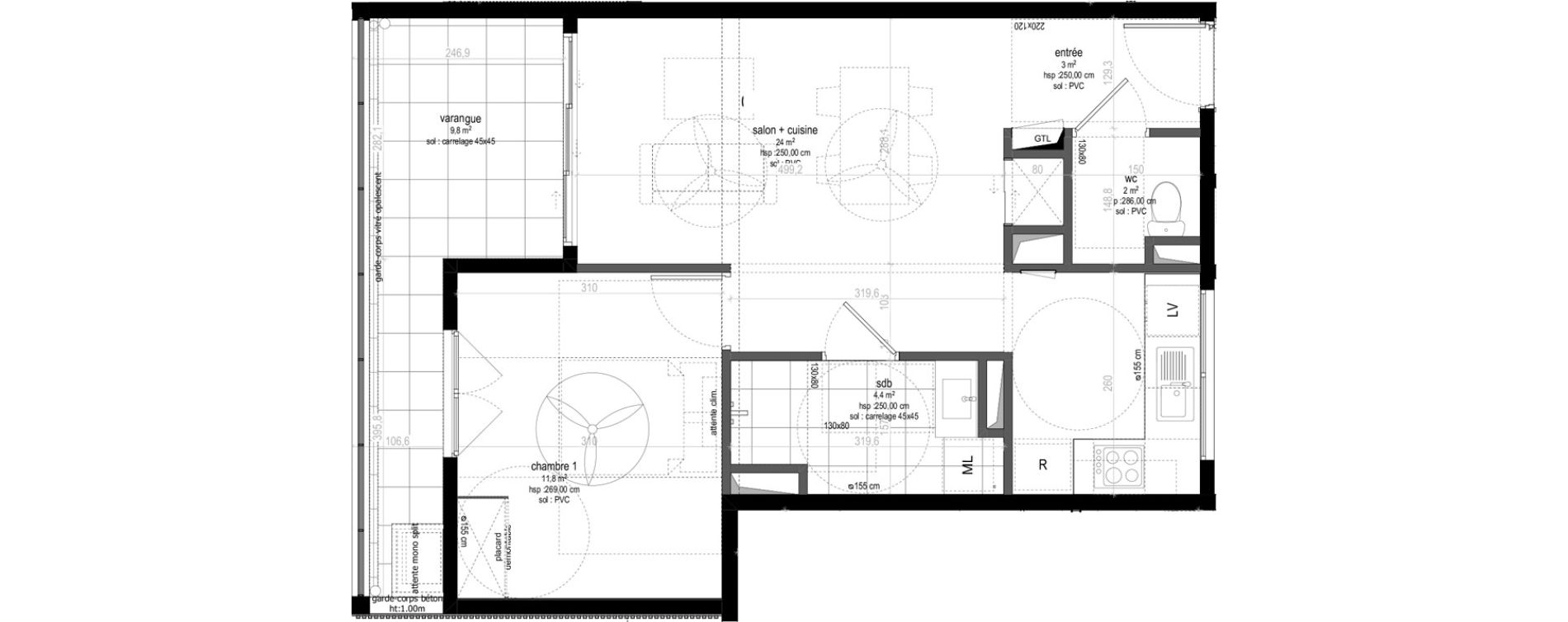 Appartement T2 de 45,20 m2 Sainte-Marie Centre