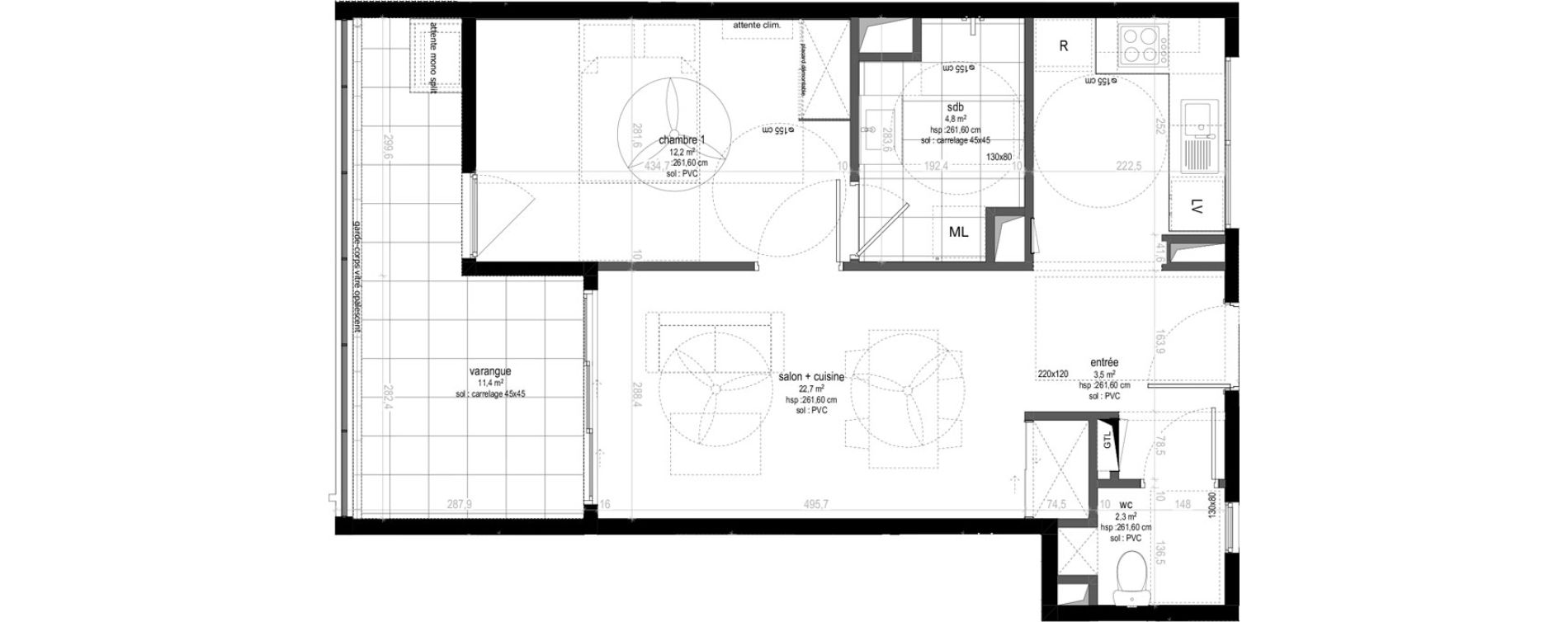 Appartement T2 de 45,50 m2 Sainte-Marie Centre