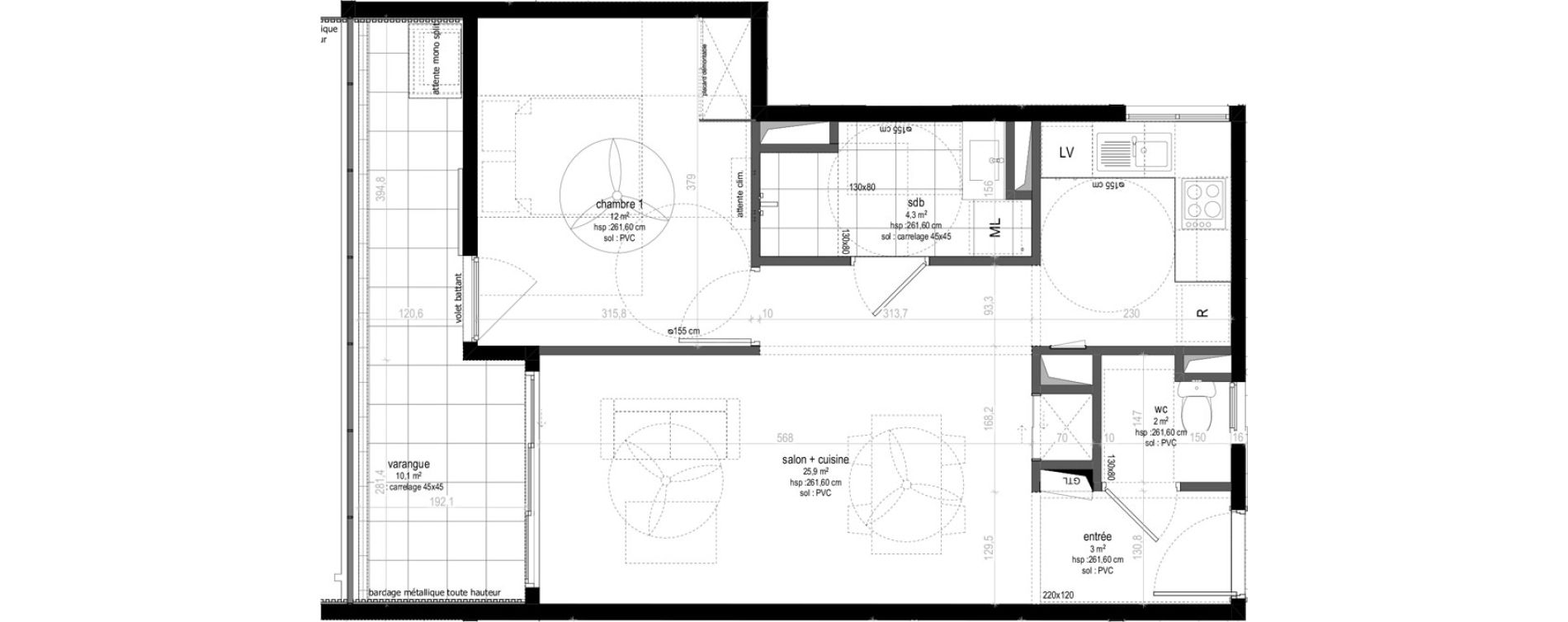 Appartement T2 de 47,20 m2 Sainte-Marie Centre