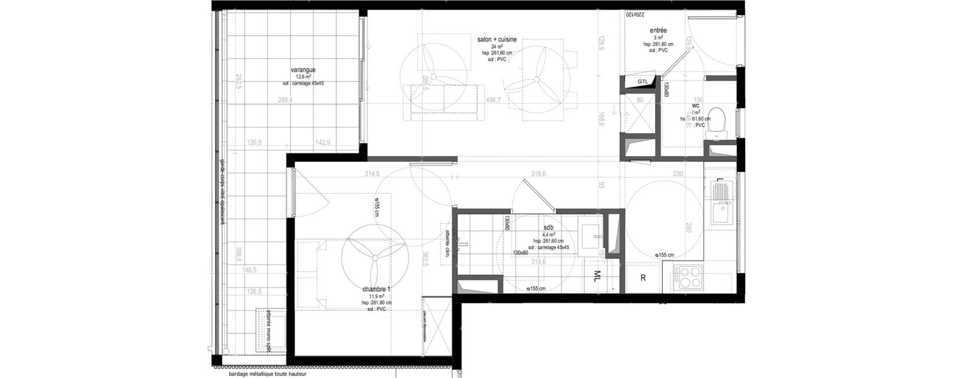 Appartement T2 de 45,30 m2 Sainte-Marie Centre