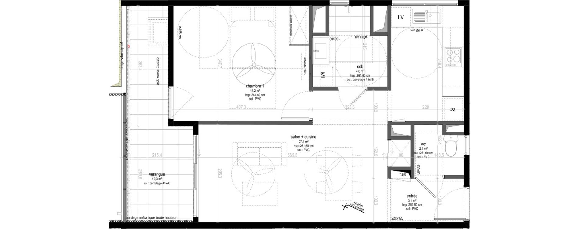 Appartement T2 de 51,40 m2 Sainte-Marie Centre