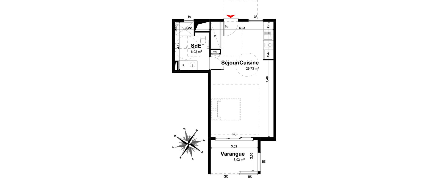 Appartement T1 de 35,75 m2 &agrave; Tampon Le tampon