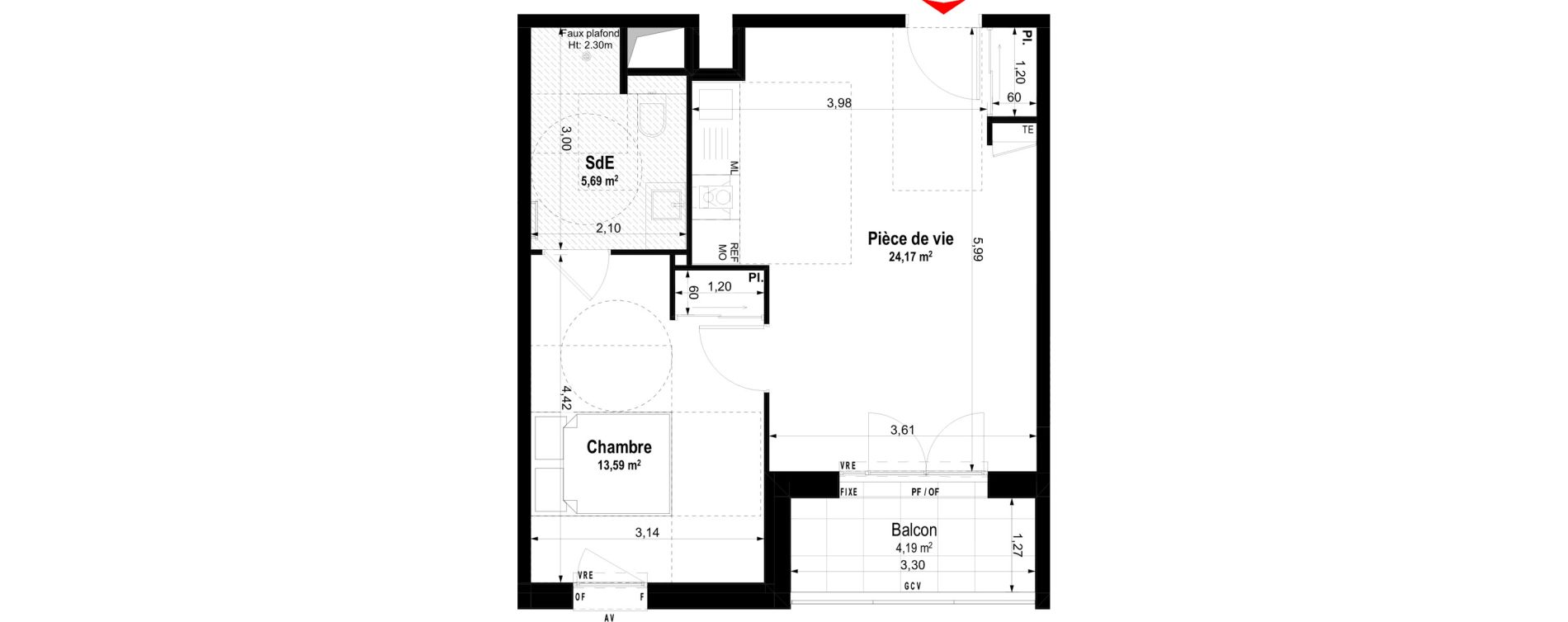 Appartement T2 meubl&eacute; de 43,45 m2 &agrave; Ch&acirc;teaubriant Centre