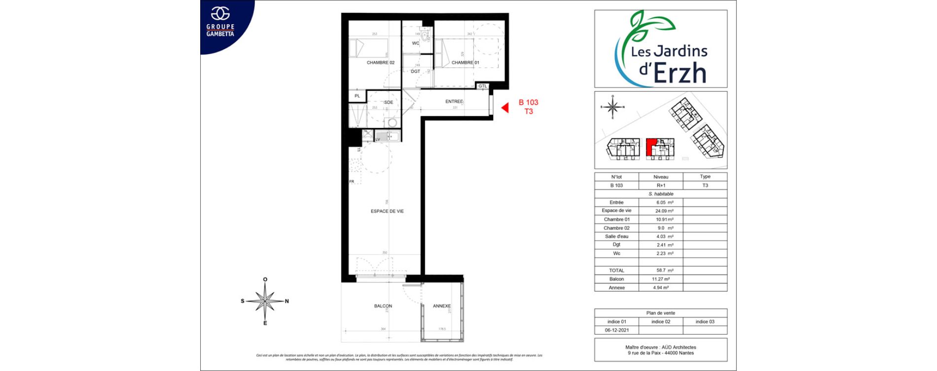 Appartement T3 de 58,70 m2 &agrave; La Chapelle-Sur-Erdre Plessis - coutanci&egrave;re