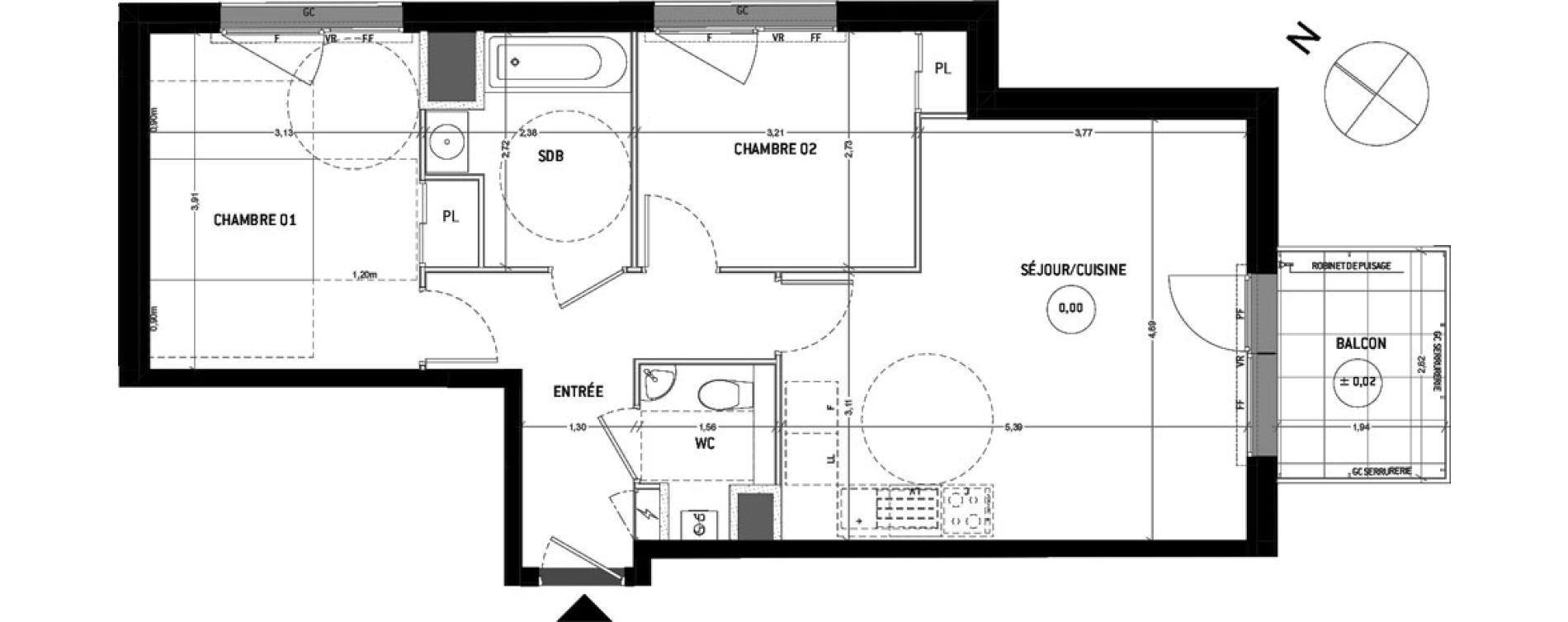 Appartement T3 de 60,37 m2 aux Sorini&egrave;res Centre