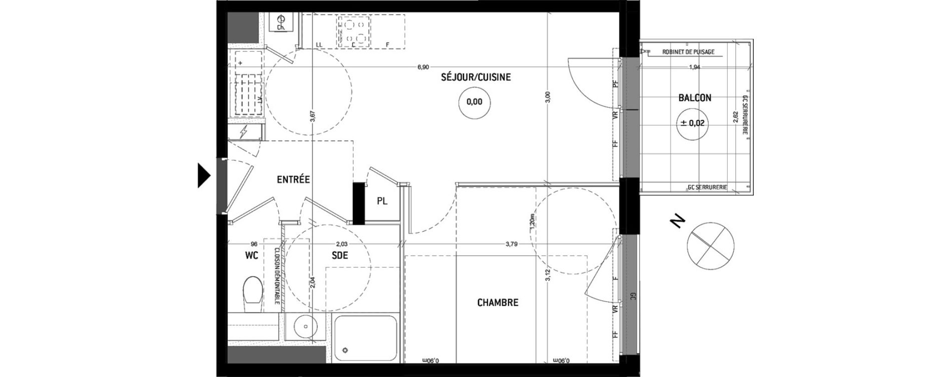 Appartement T2 de 39,68 m2 aux Sorini&egrave;res Centre