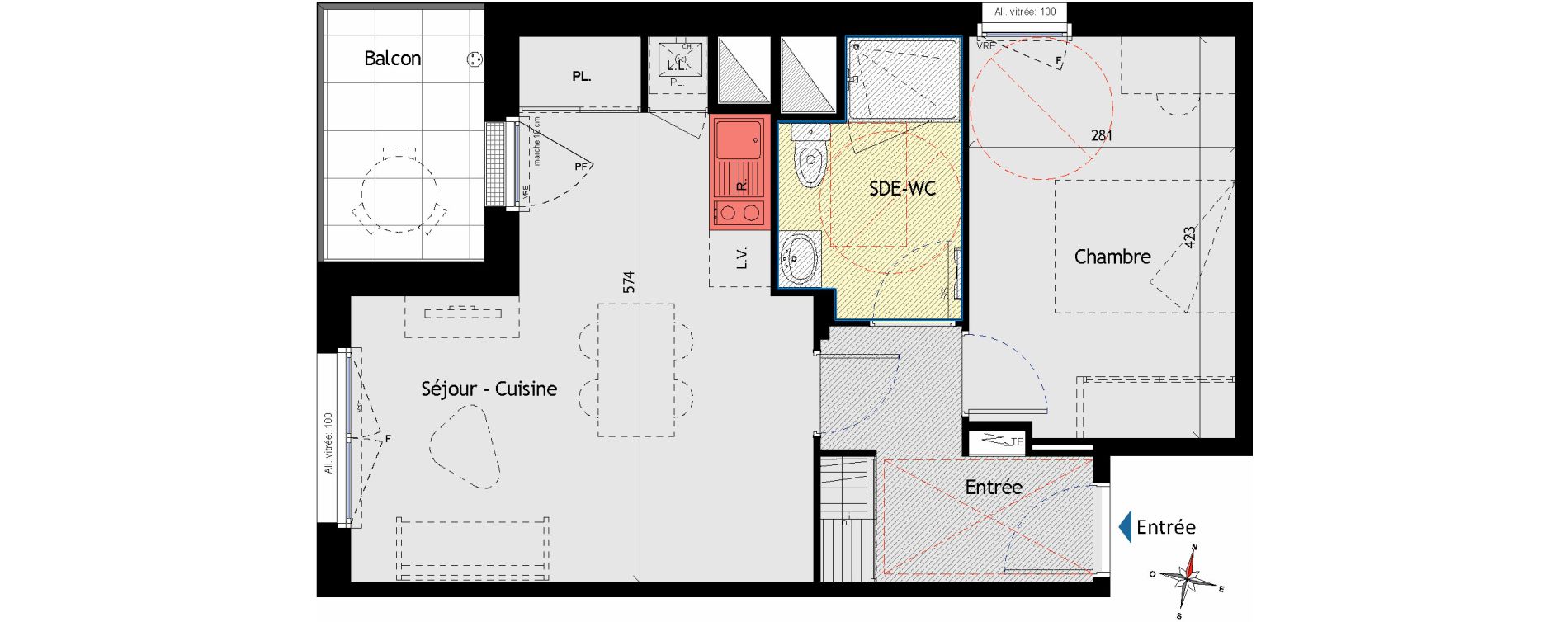 Appartement T2 de 43,79 m2 aux Sorini&egrave;res Centre