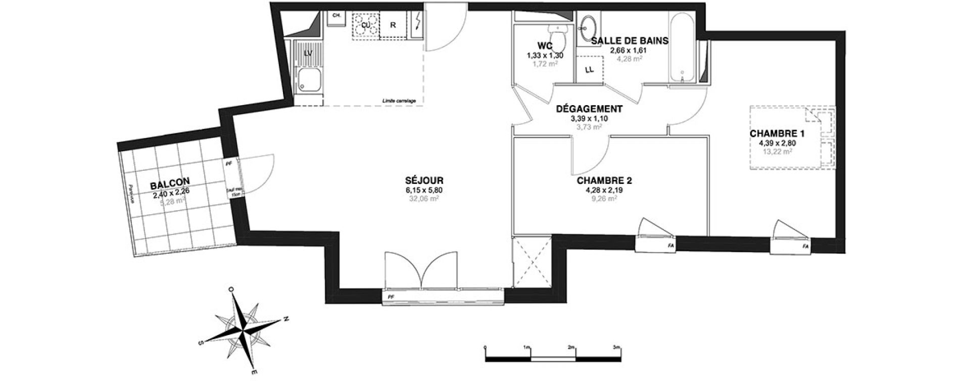 Appartement T3 de 64,27 m2 &agrave; Nantes Zola