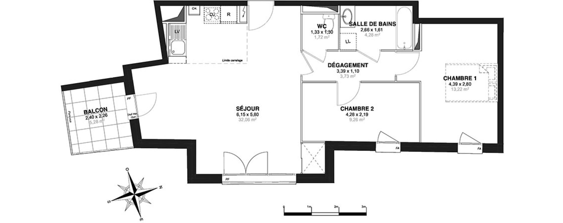 Appartement T3 de 64,27 m2 &agrave; Nantes Zola