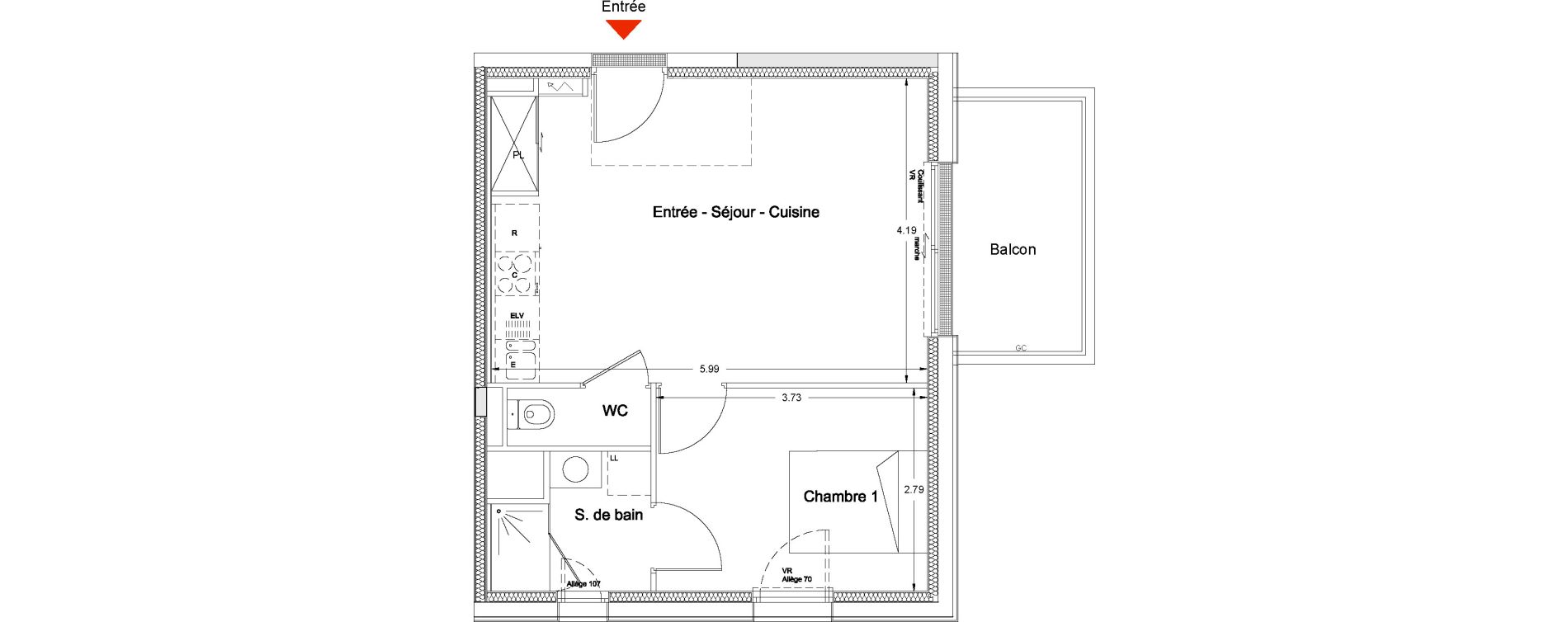 Appartement T2 de 40,30 m2 &agrave; Nantes La chantrerie