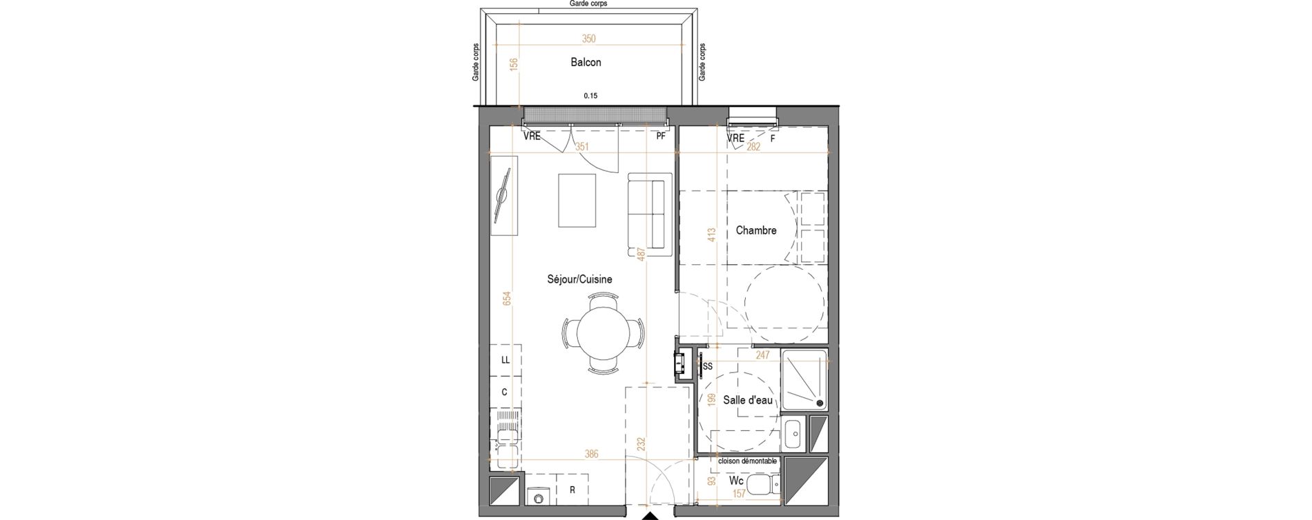 Appartement T2 de 43,28 m2 &agrave; Rez&eacute; Pont-rousseau