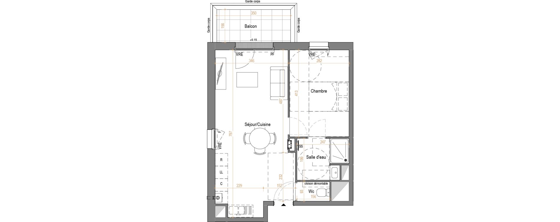 Appartement T2 de 44,72 m2 &agrave; Rez&eacute; Pont-rousseau