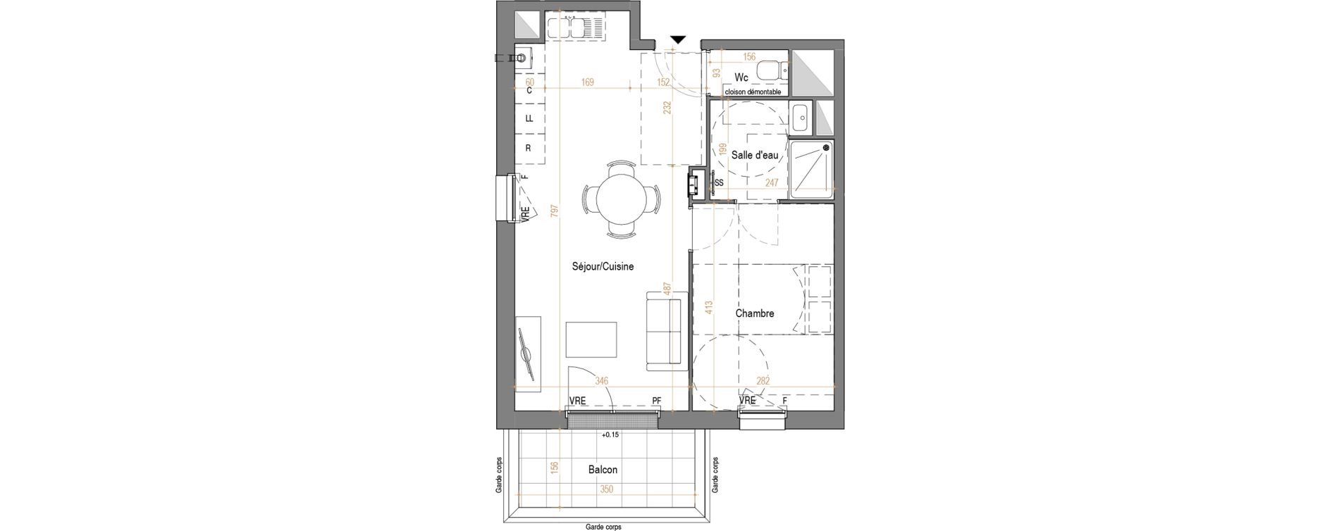 Appartement T2 de 44,72 m2 &agrave; Rez&eacute; Pont-rousseau