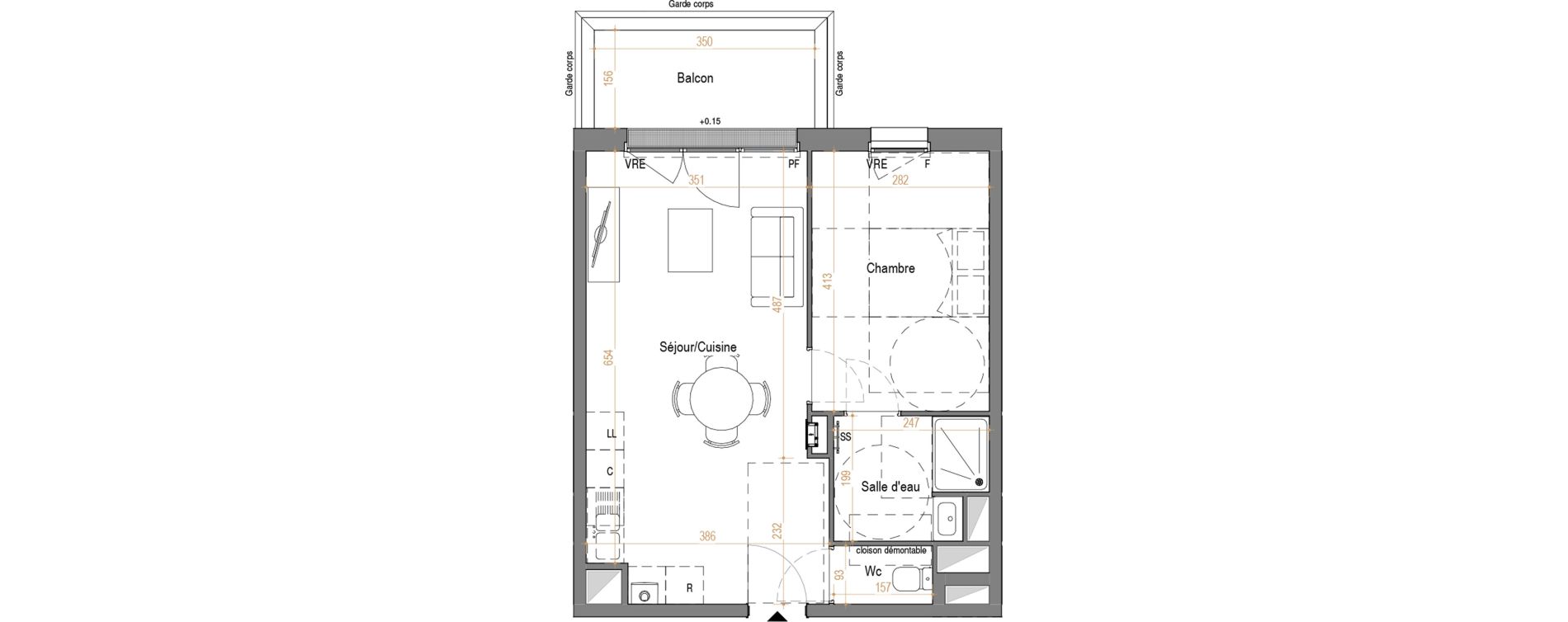 Appartement T2 de 43,28 m2 &agrave; Rez&eacute; Pont-rousseau