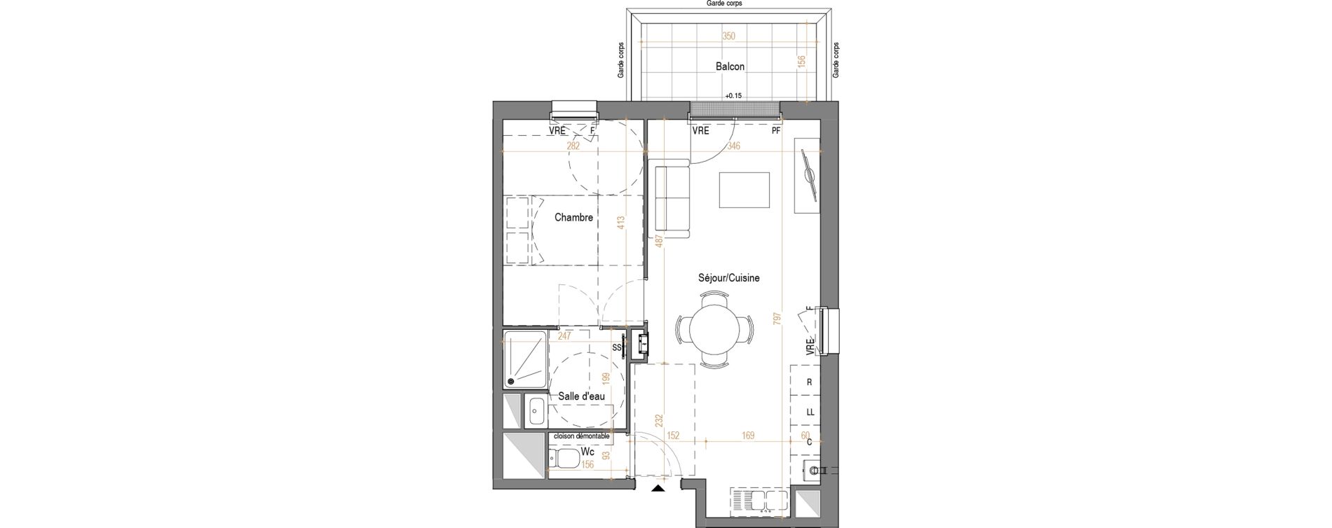 Appartement T2 de 44,72 m2 &agrave; Rez&eacute; Pont-rousseau