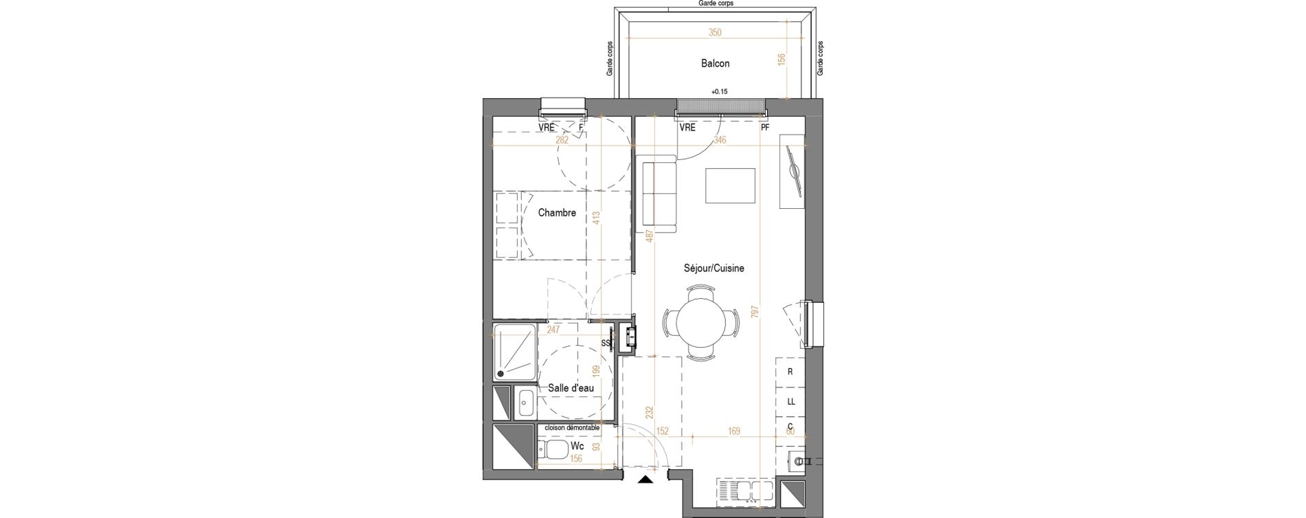 Appartement T2 de 44,72 m2 &agrave; Rez&eacute; Pont-rousseau