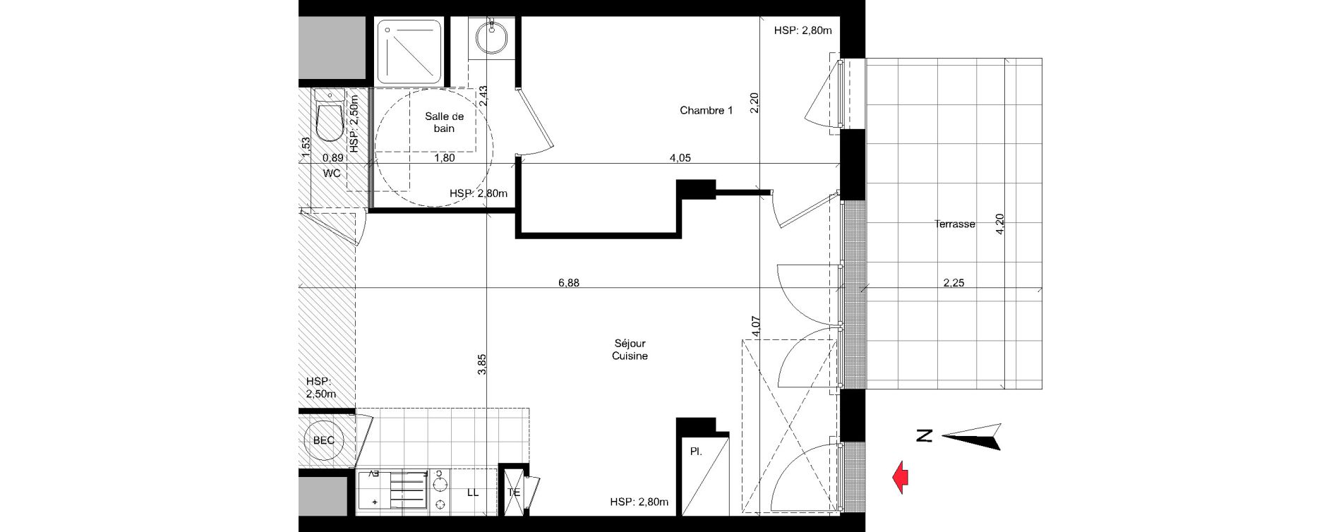 Appartement T2 de 40,88 m2 &agrave; Rez&eacute; La houssais