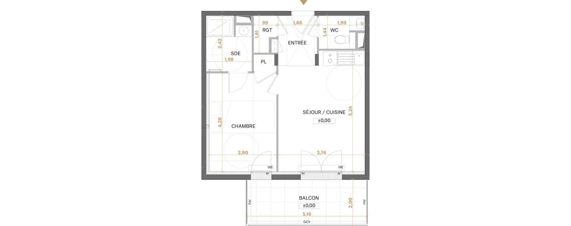 Appartement T2 de 42,99 m2 &agrave; Saint-S&eacute;bastien-Sur-Loire Centre