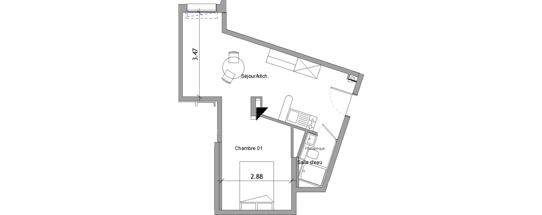 Appartement T1 bis de 33,86 m2 &agrave; Angers Les capucins
