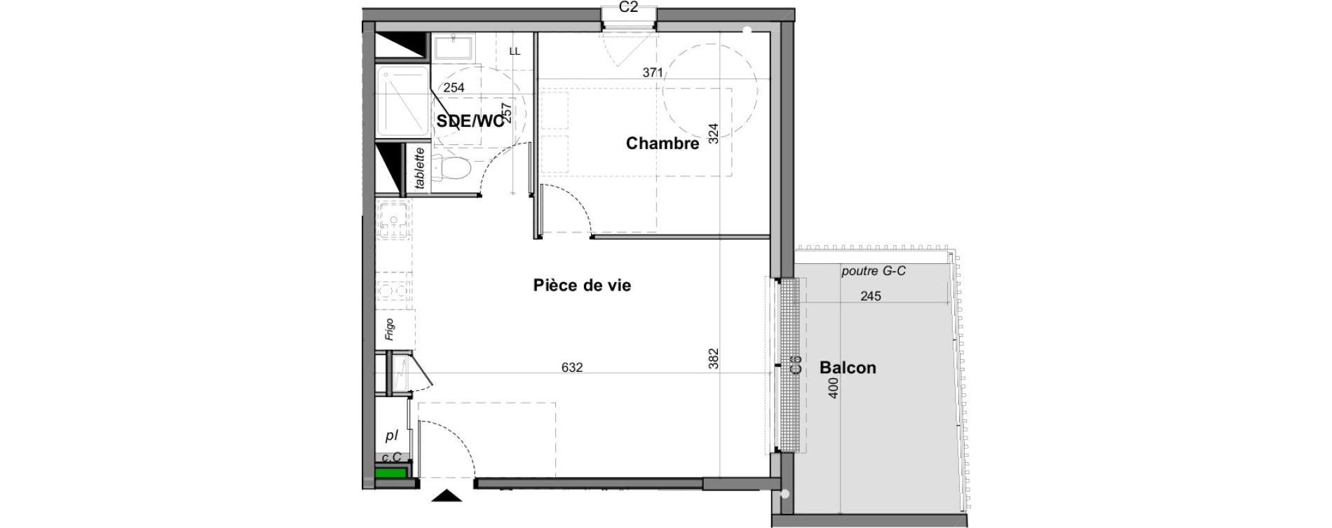 Appartement T2 de 42,56 m2 &agrave; Angers Les capucins