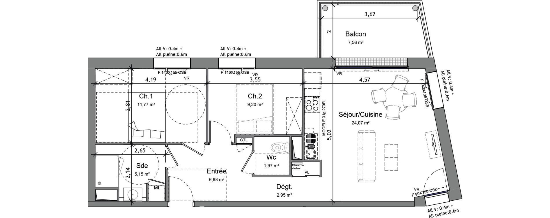 Appartement T3 de 61,99 m2 &agrave; Angers Monplaisir