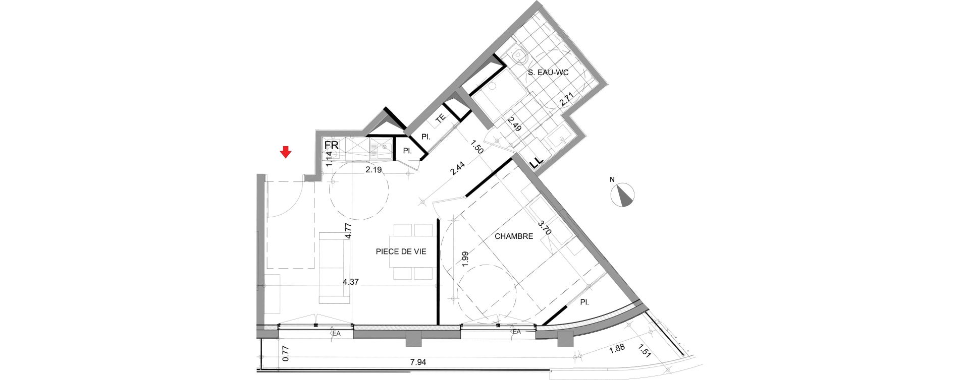 Appartement T2 de 41,80 m2 &agrave; Angers Centre