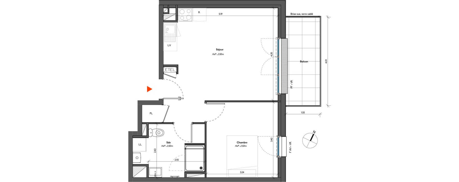 Appartement T2 de 41,57 m2 &agrave; Avrill&eacute; Le bois du roi