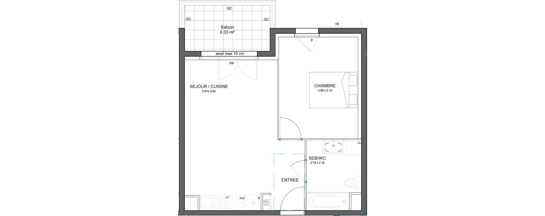 Appartement T2 de 41,88 m2 &agrave; Avrill&eacute; Le bois du roi