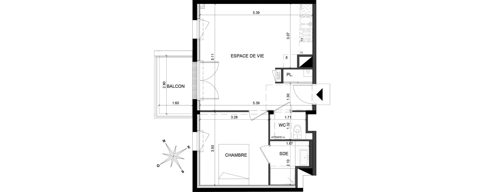 Appartement T2 de 43,85 m2 &agrave; Saint-Barth&eacute;lemy-D'Anjou Villechien - chambr&eacute;e