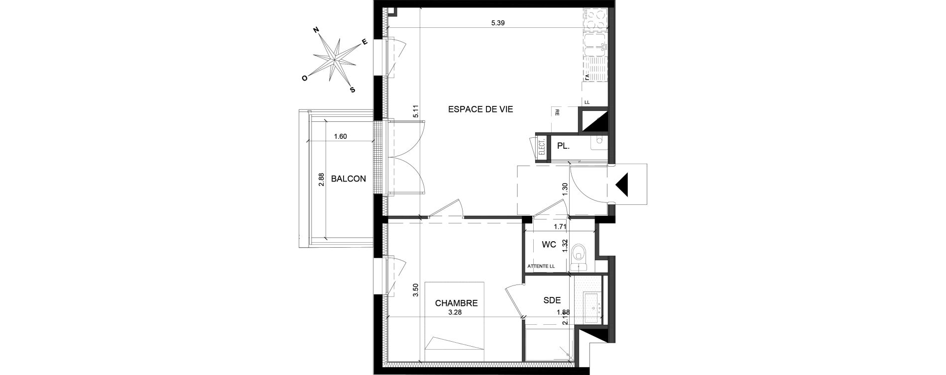 Appartement T2 de 43,81 m2 &agrave; Saint-Barth&eacute;lemy-D'Anjou Villechien - chambr&eacute;e