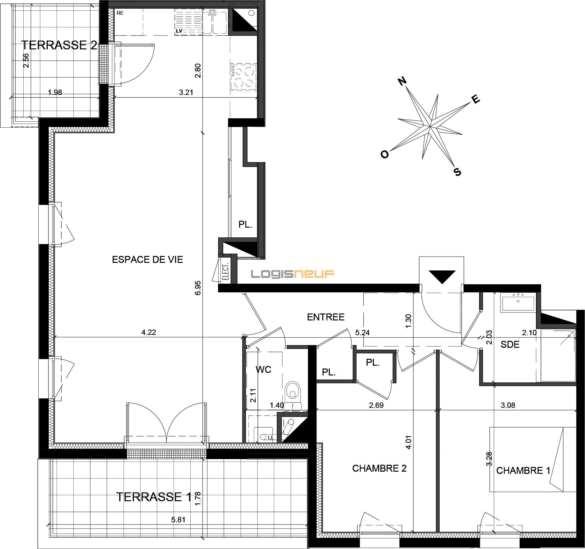Appartement T3 de 71.47 m2 4ème étage SO Jardins du Cens Saint
