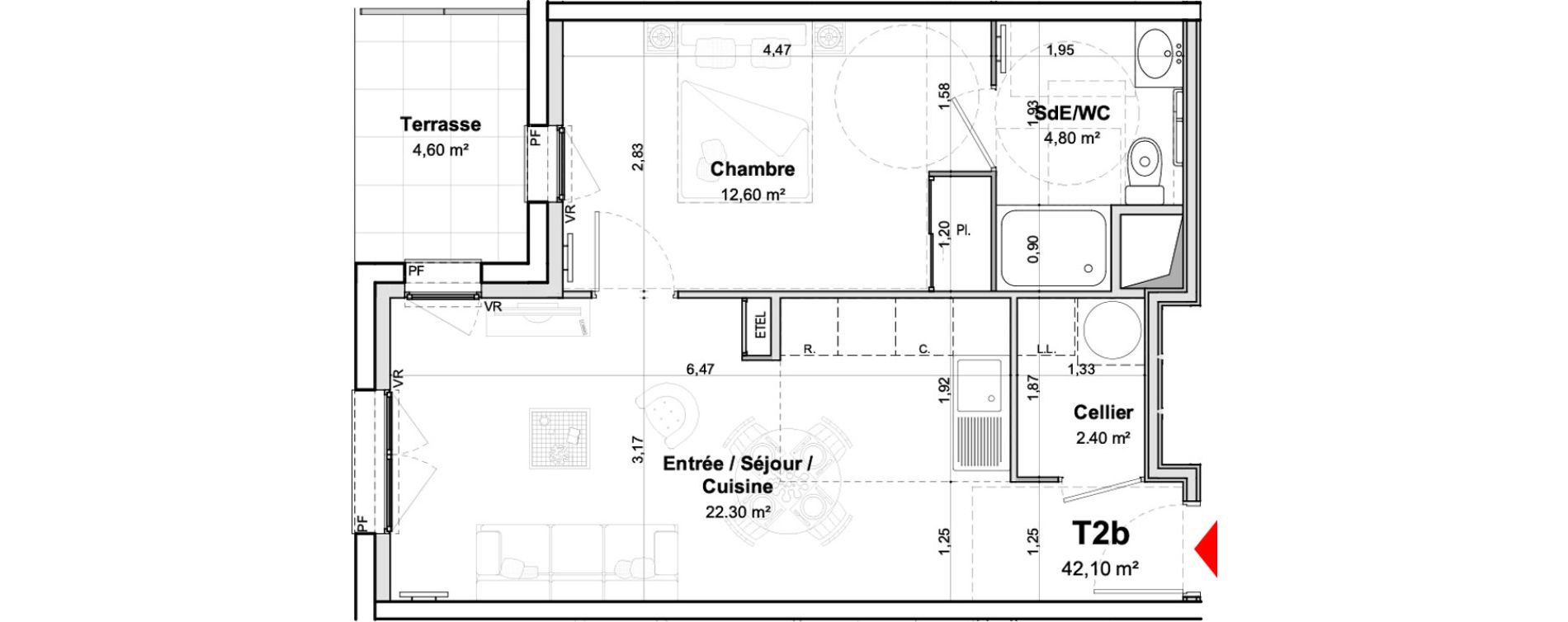 Appartement T2 meubl&eacute; de 42,10 m2 &agrave; Saumur Centre